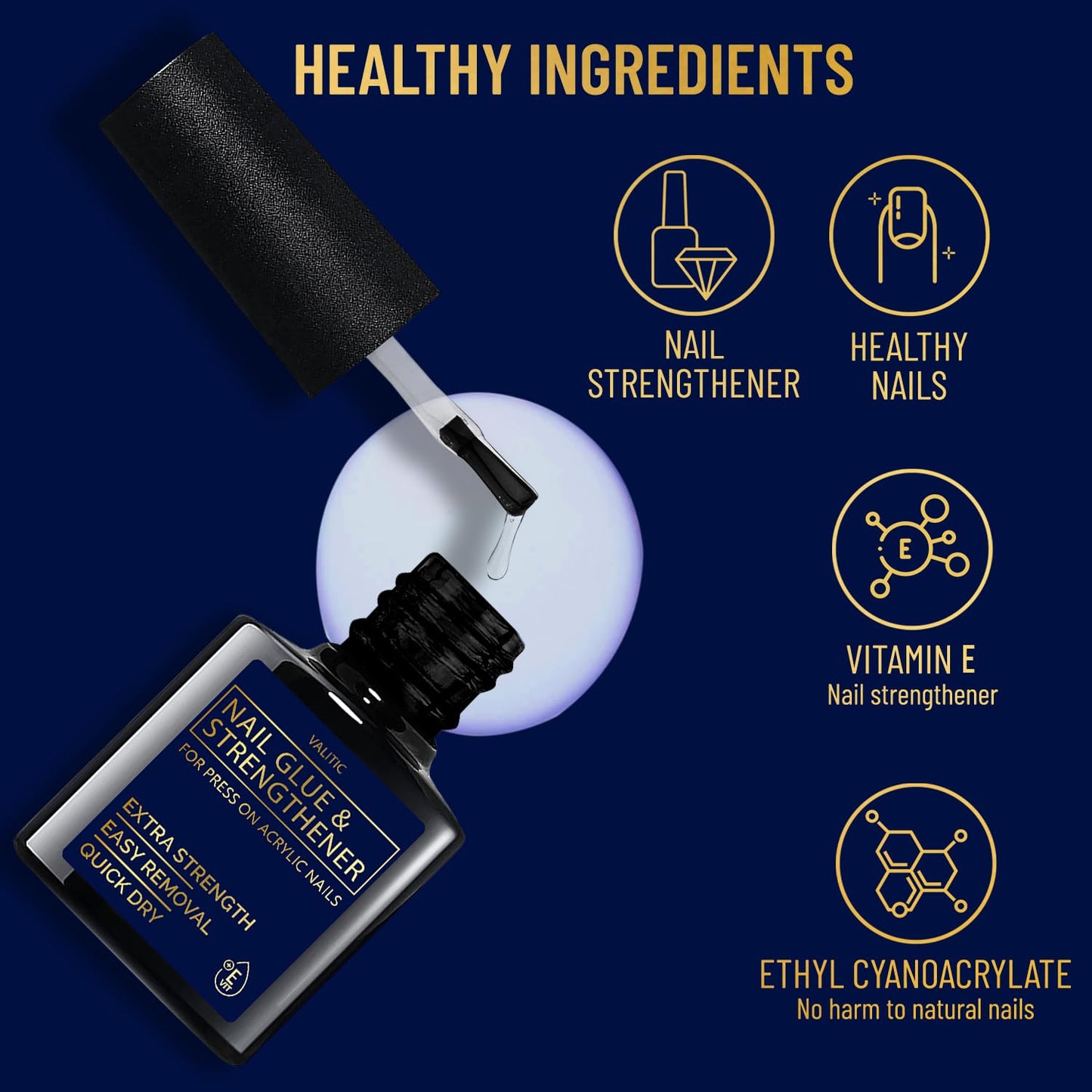 Valitic Strong Nail Glue and Strengthener for Acrylic and Press On Nails - Quick Dry Brush On Gel for Long Lasting Effect - Adhesive Nail Bond for False Nails with Tips Strengthener - 2 Pack