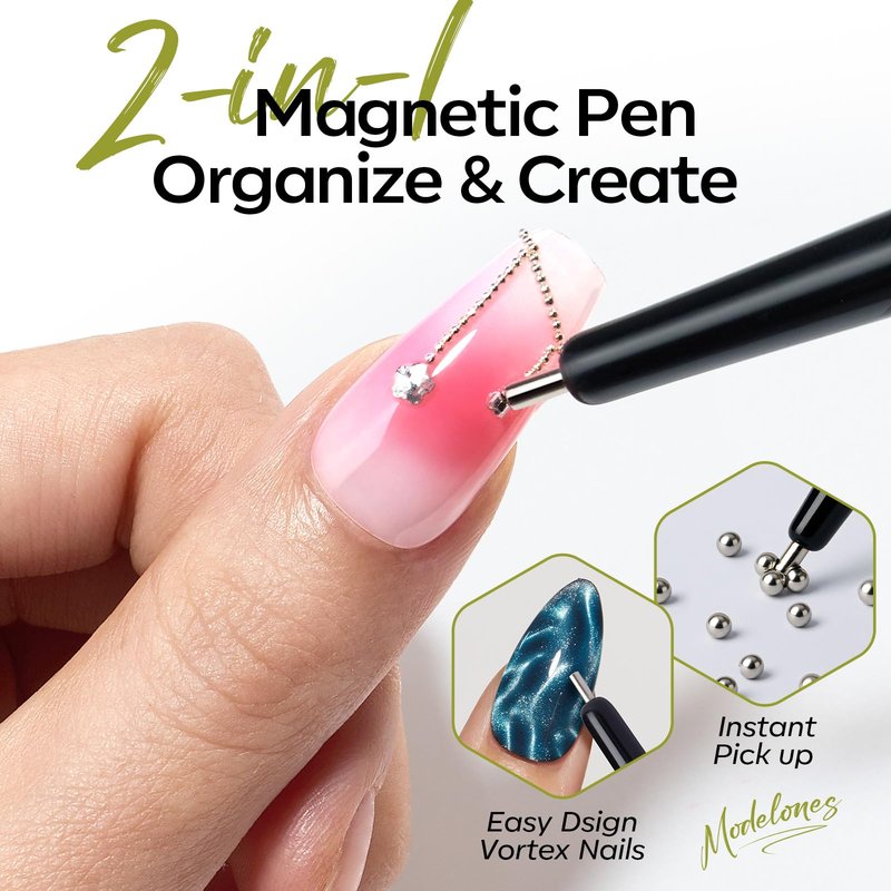 Modelones Cateye Gel Polish Nail Magnet Set, 6PCS Cat Eye Magnet Tool with Liner Nail Brush for Gel Swirl Nails Strong Magnetic Nail Art Wand, Glass Bead& French Tip for DIY Nail Lovers