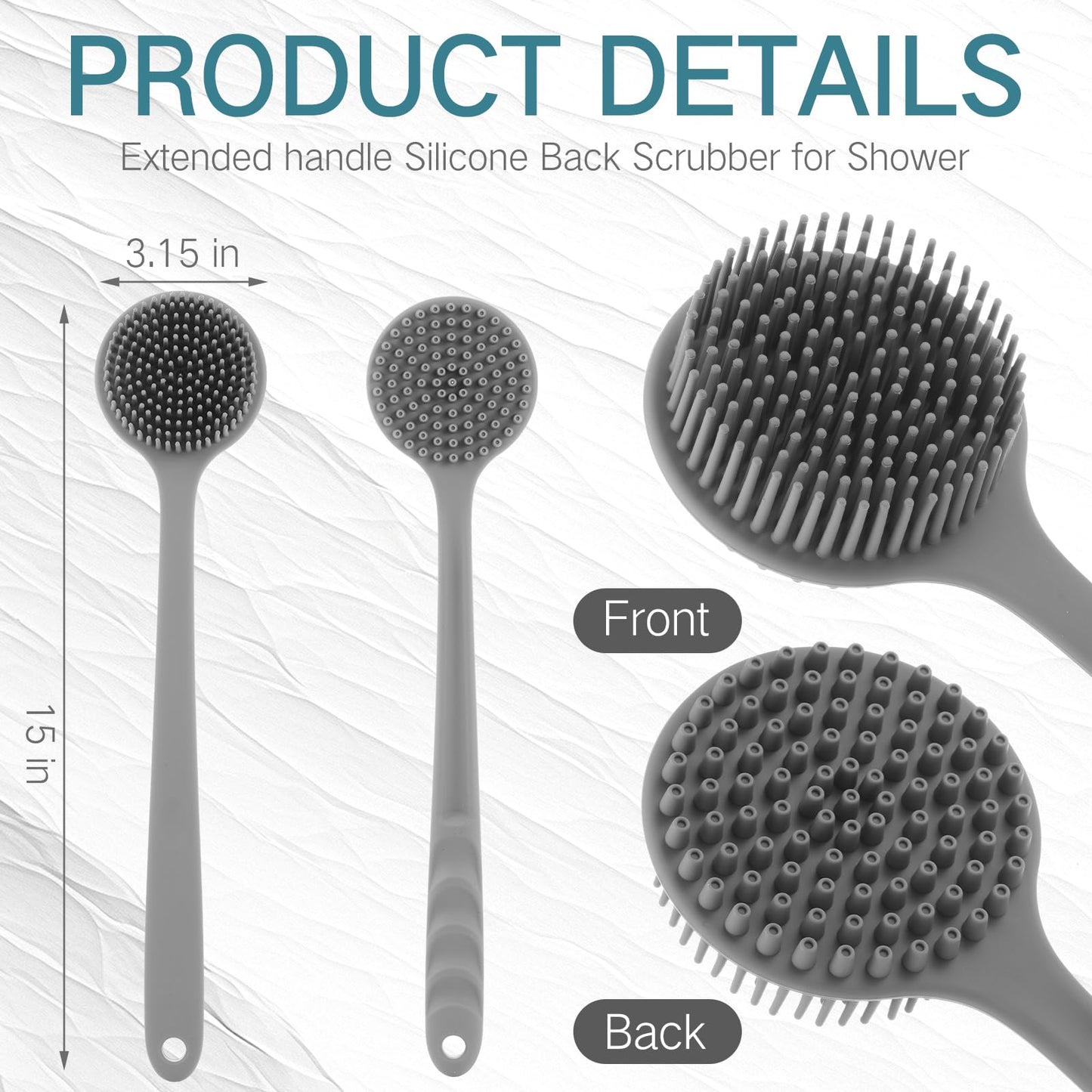 Sunnyray 2 Pack Silicone Back Scrubber for Shower with 15" Long Handle Double-Sided Bath Body Brush for Exfoliating Easy to Clean Quick Dry Deep Cleaning Lathers Well(Grey)