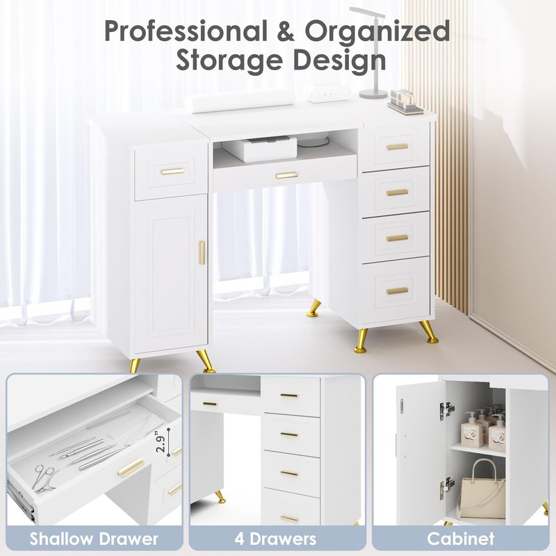 HolaiNail Manicure Table with Removable Panel, Nail Tech Desk with Dust Collector, Drawers & Storage, Nail Station for Salon or Home Studio (White)
