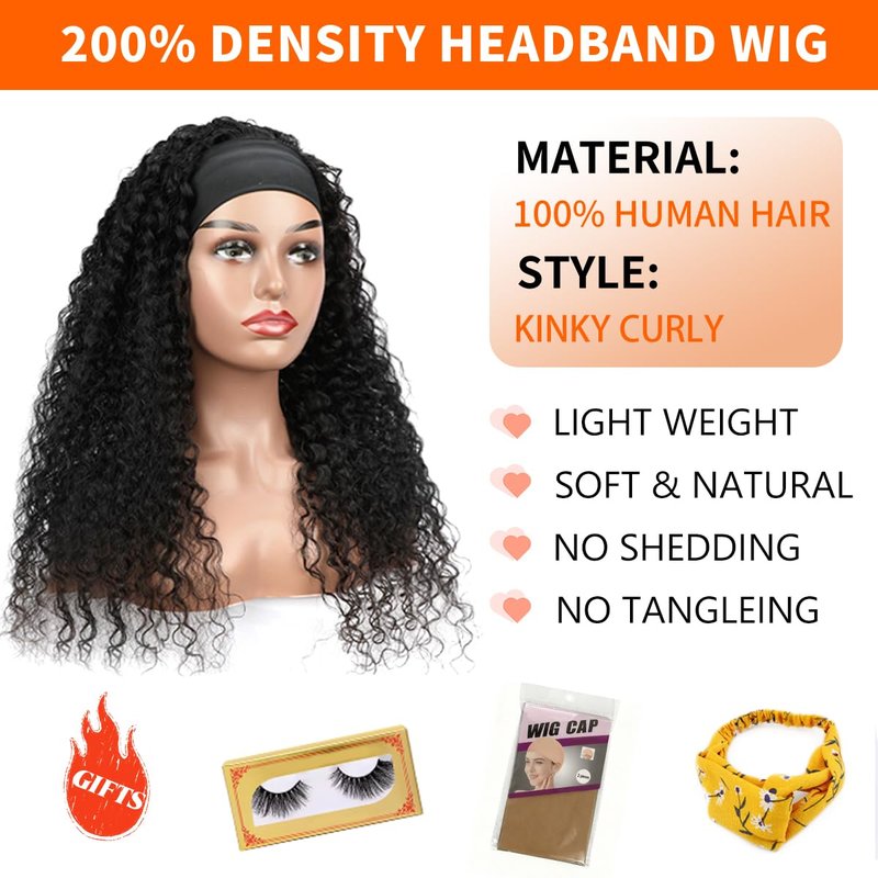 Fardoen 200 Density Headband Wig Human Hair Glueless Wigs Curly Wig Human Hair Deep Wave Wig for Black Women 20 Inch Wear And Go Beginner Friendly Natural Black Brazilian Virgin Hair