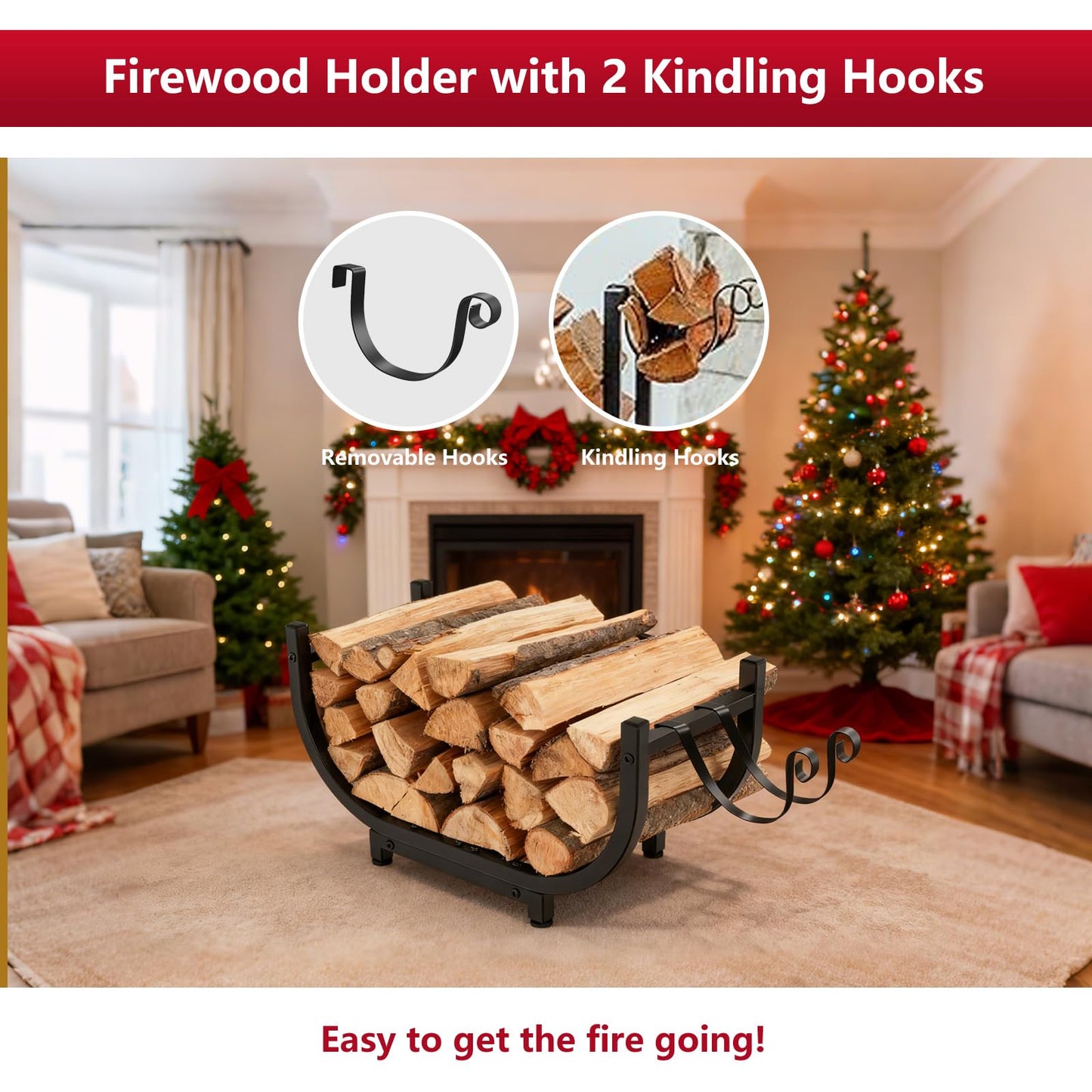 BeGyoku Firewood Rack Outdoor&Indoor,30'' Firewood Holder with Kindling Wood Hooks&Adjustable Feets,Heavy Duty Metal Log Rack,Black Curved Log Holder,Fire Wood Storage Organzier for Fireplace&Patio