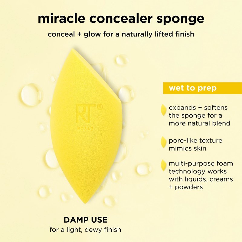 Real Techniques Miracle Concealer Sponge, Makeup Blending Sponge For Liquid & Cream Concealer, Elongated Shape For Precise Application Under Eyes & Tight Areas, Yellow, Latex-Free Foam, 2 Count