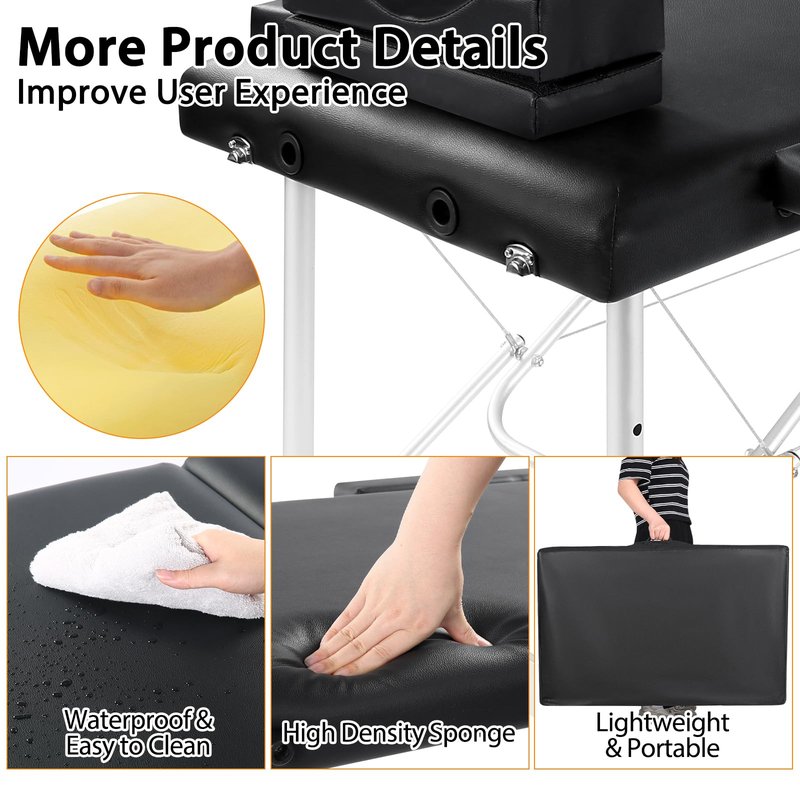 Masajeo Portable Lash Bed for Lash Extensions Massage Table Esthetician Bed Salon Table Spa Bed Height Adjustable Waterproof Aluminum Frame (Black)