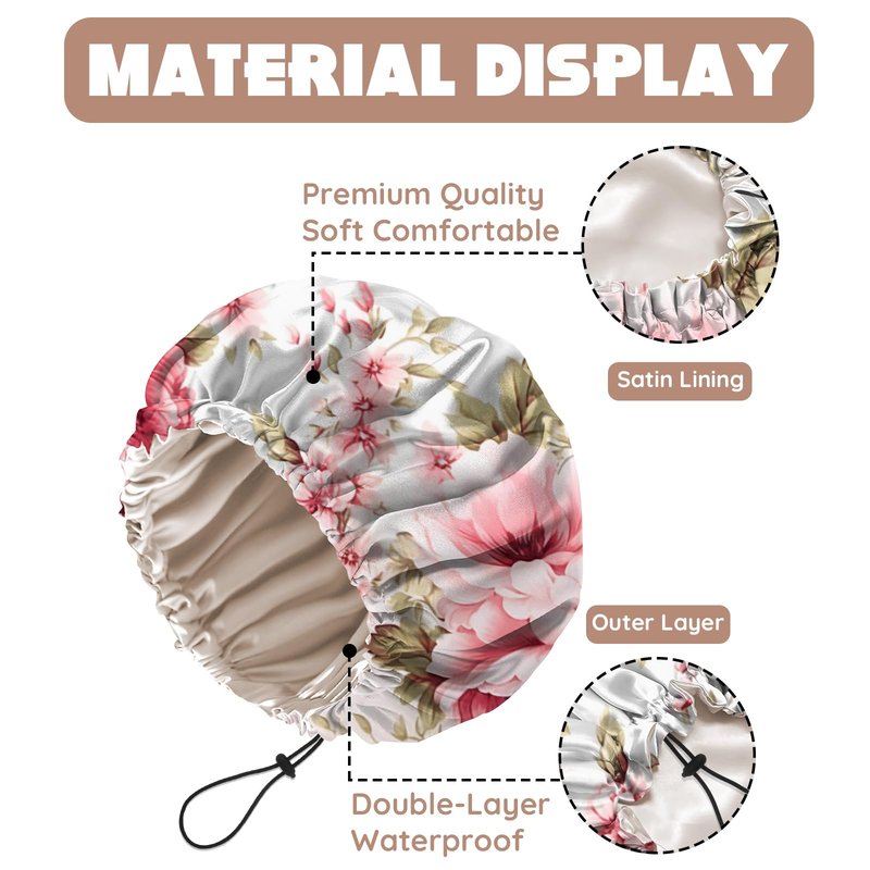 Zewurtuw Luxury Shower Cap Adjustable Reusable Double Waterproof Layer Elastic Satin Lined Hair Bath Cap Cute Aesthetic Women Girls-Peony