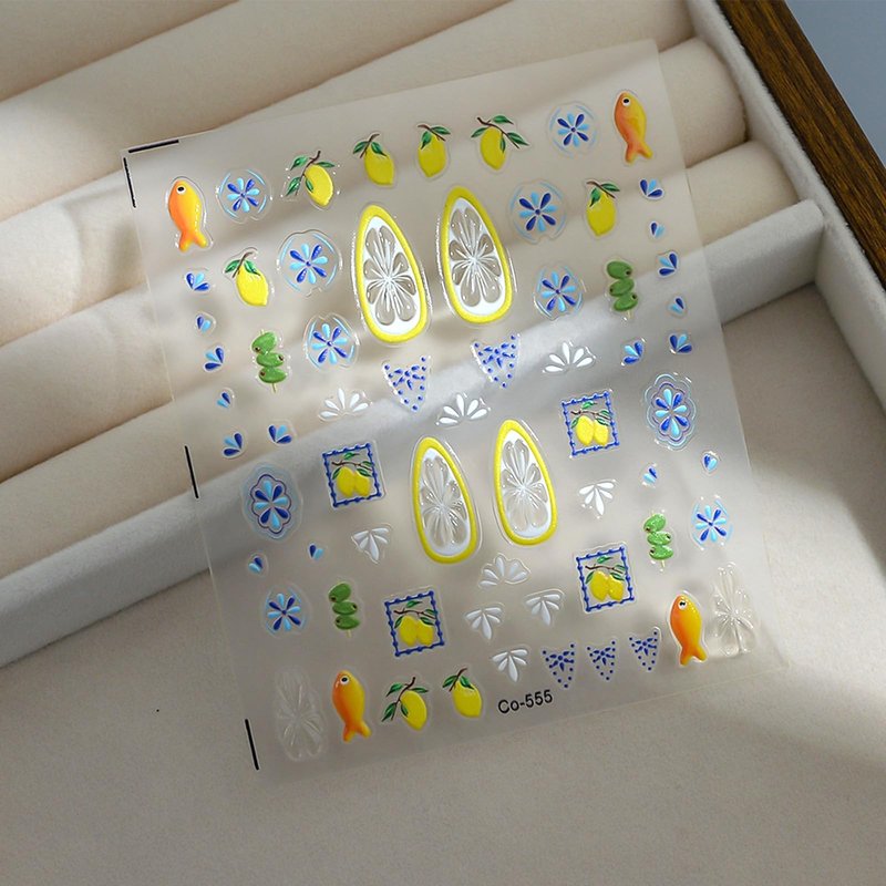 Bohemian Nail Art Stickers 5D Embossed Lemon Fruit Small Fish DIY Nail Design Stickers 2Pcs Self Adhesive Boho Style Blue Floral Nail Decals for Women Summer Vacation Manicure Decoration