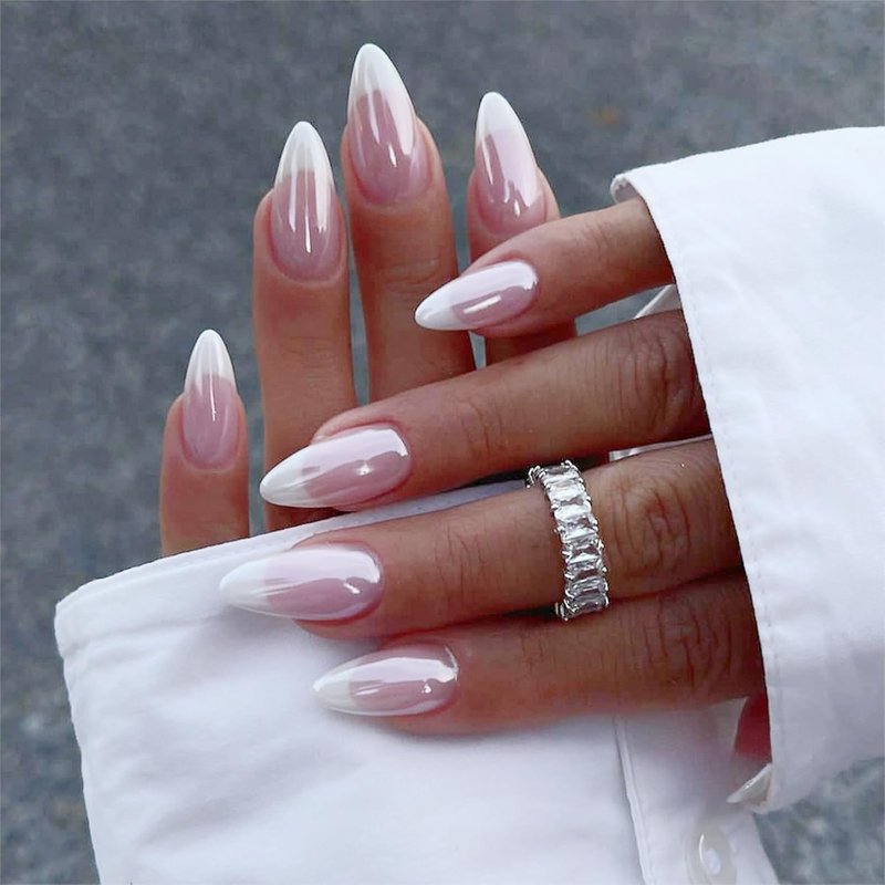 Almond Press On Nails - French Tip Fake Nails with Chrome Design | Medium 24 Pcs for Women