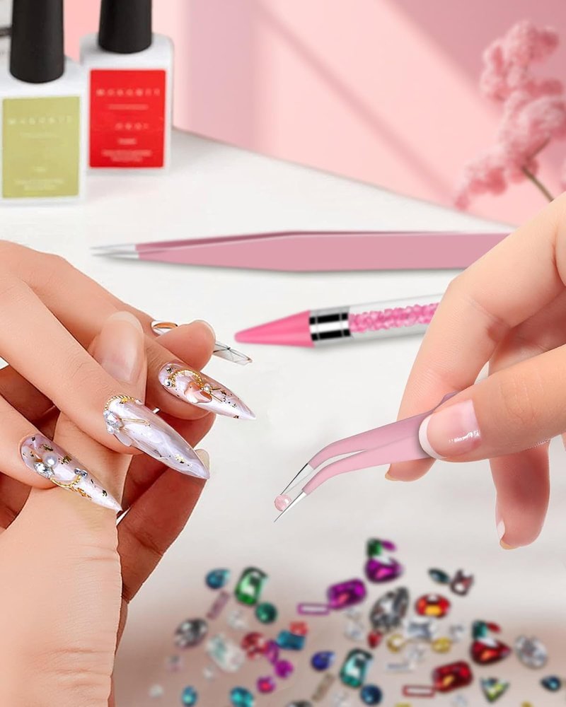 Rhinestone Picker Tool Set - Rhinestone Applicator with 4 Replaceable Wax Heads & 2 Tweezers | Pink