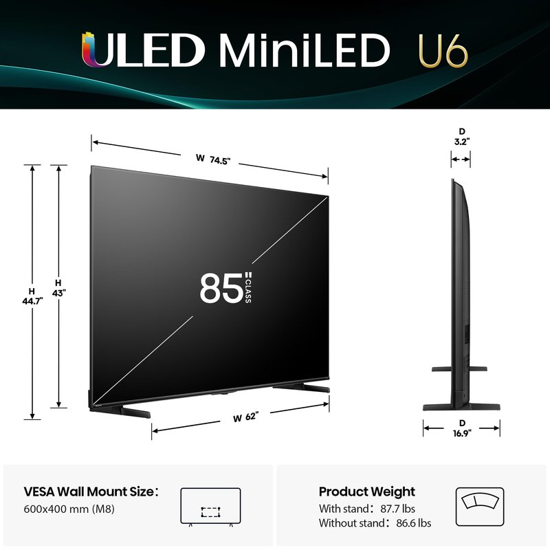 Hisense 85" Class U6 Series Mini-LED 4K UHD Smart Fire TV (85U65QF, 2025 Model) - QLED, Native 144Hz, HDR10+, Dolby Vision IQ, Dolby Atmos, Game Mode Pro, ALLM, Alexa Built in, Black