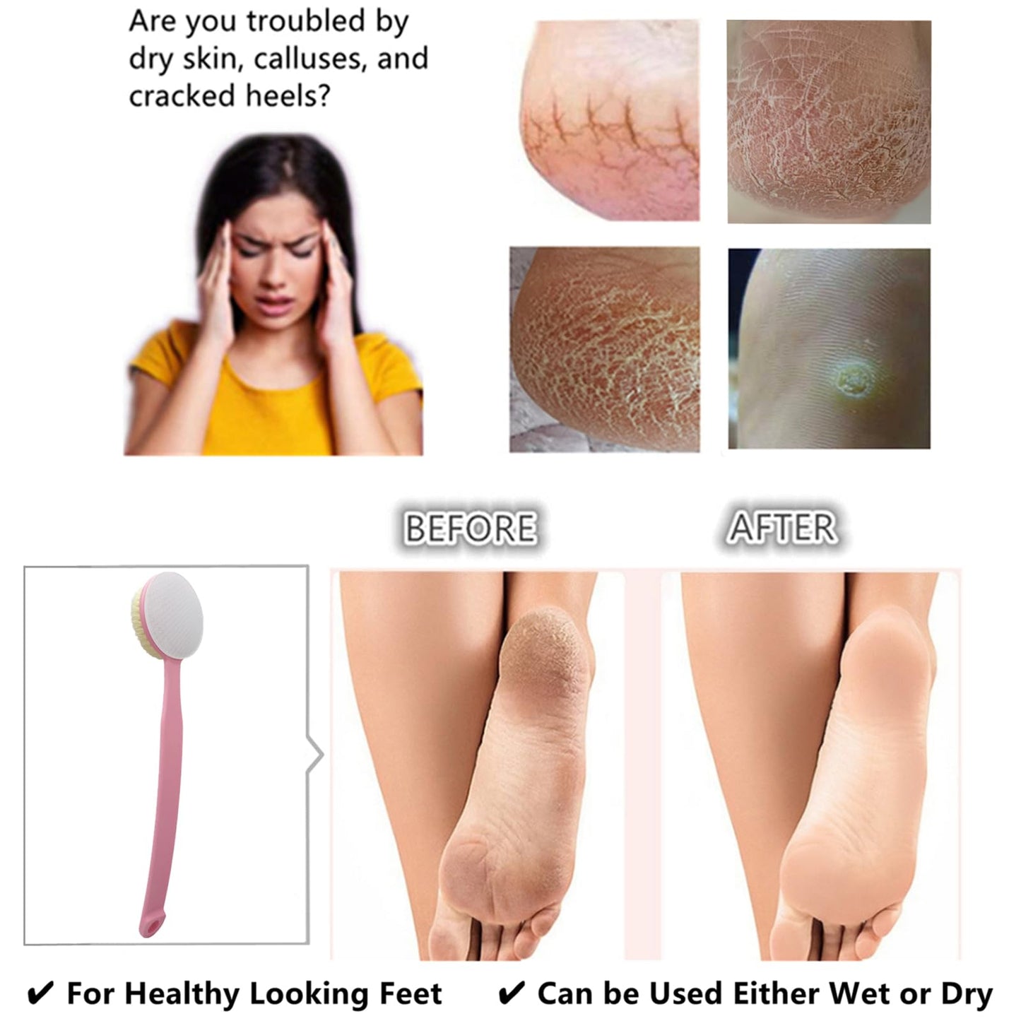 YIOYOODA Nano Glass Foot File Callus Remover, 13.7" Long Handle Foot Scrubber Brush, 2-in-1 Pedicure Tool Hard & Dead Skin Remover, Back Scrubber Body Brush for Shower Deep Cleansing Exfoliating, Pink