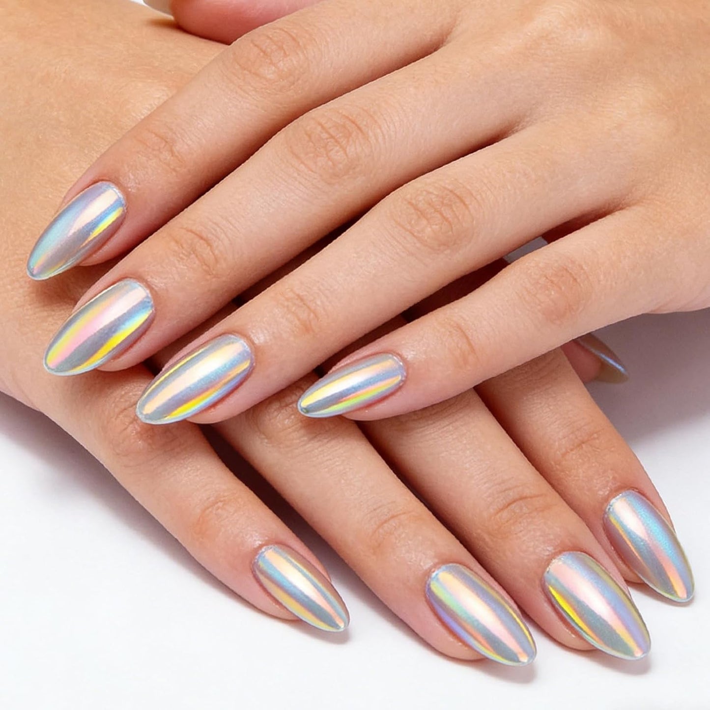 Skiennix Short Almond Press-On Nails - Chrome Metal Mirror Design | 32 Pcs Glossy Full Cover Acrylics