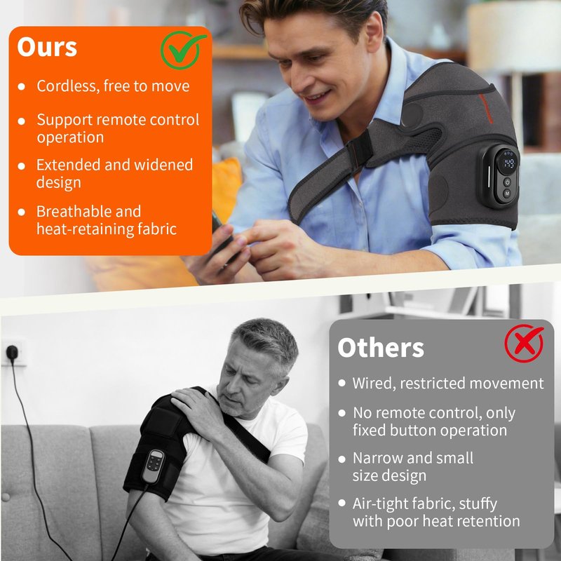 Cordless Shoulder Heating Pad with Detachable Magnetic Remote, 5 Heat & 5 Vibration Modes, Heated Shoulder Wrap Massager for Frozen Shoulder & Rotator Cuff Pain Relief, Ideal Gift for Women Men