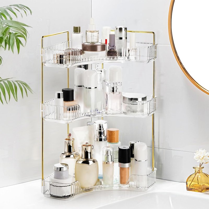 Cididu 3-Tier Corner Bathroom Organizer - Clear Countertop Shelf with Gold Metal Pole | Skincare & Perfume Storage