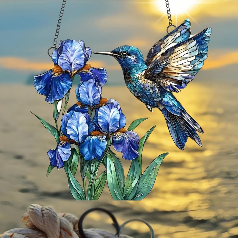 Acrylic Hummingbird and Irises Suncatcher - 7.08 Inch Stained Glass Style Window Decor | Indoor/Outdoor Garden Ornament