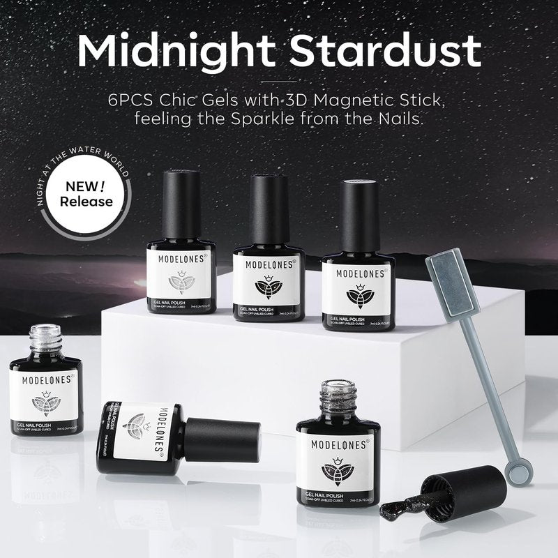 modelones Gel Nail Polish Set, 6 Colors Cat Eye Black White Gray Silver Glitter Shimmer Gel Polish Kit with Magnet Sparkle Galaxy Series Soak Off Nail Art Manicure Home Gift for Women Girl