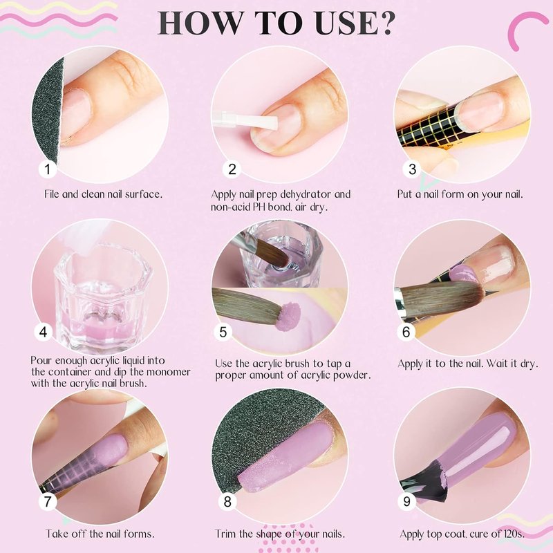 Acrylic Nail Starter Kit - Clear Pink Nude Powder & Liquid, Brush, Files, Forms | Home Practice Set