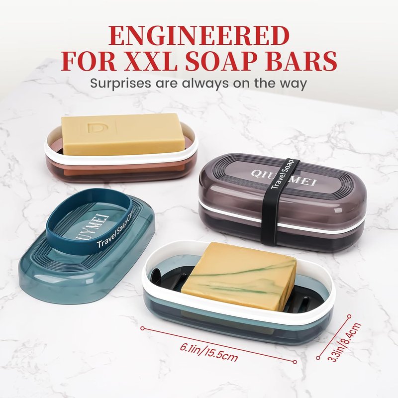 Shampoo Bar Holder - Leakproof Travel Container with Lid & Drain Tray | Includes Silicone Strap & Mesh Bag - Red, Large