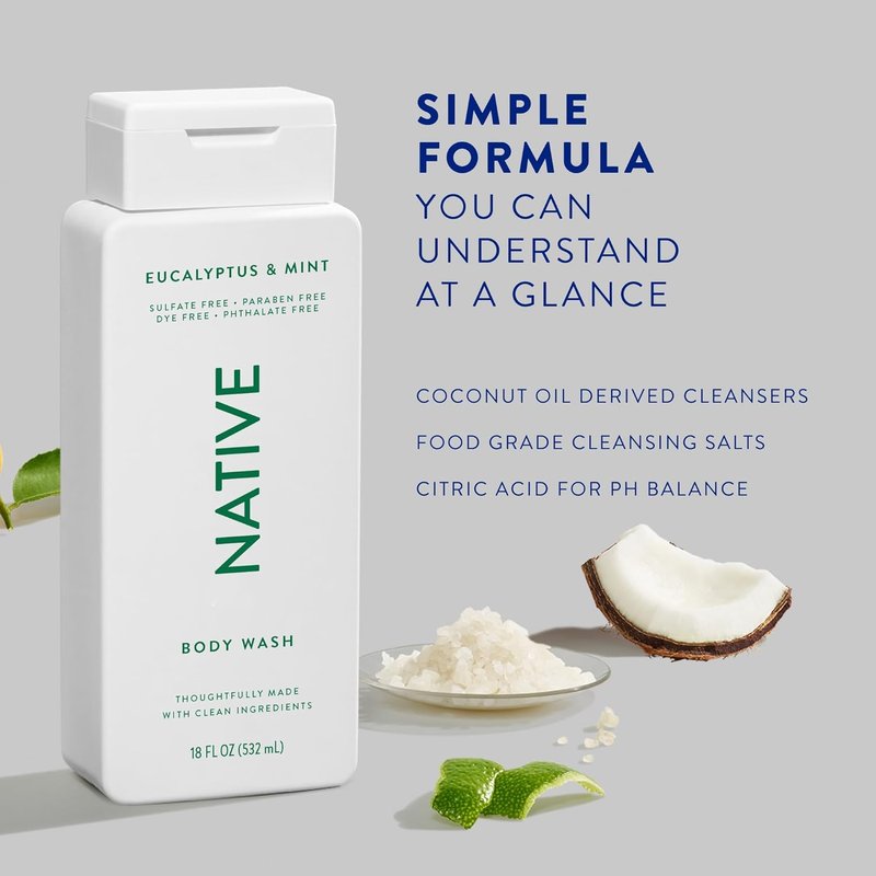 Native Body Wash - Naturally Derived Ingredients for Soft, Hydrated Skin | Eucalyptus & Mint, 18 oz