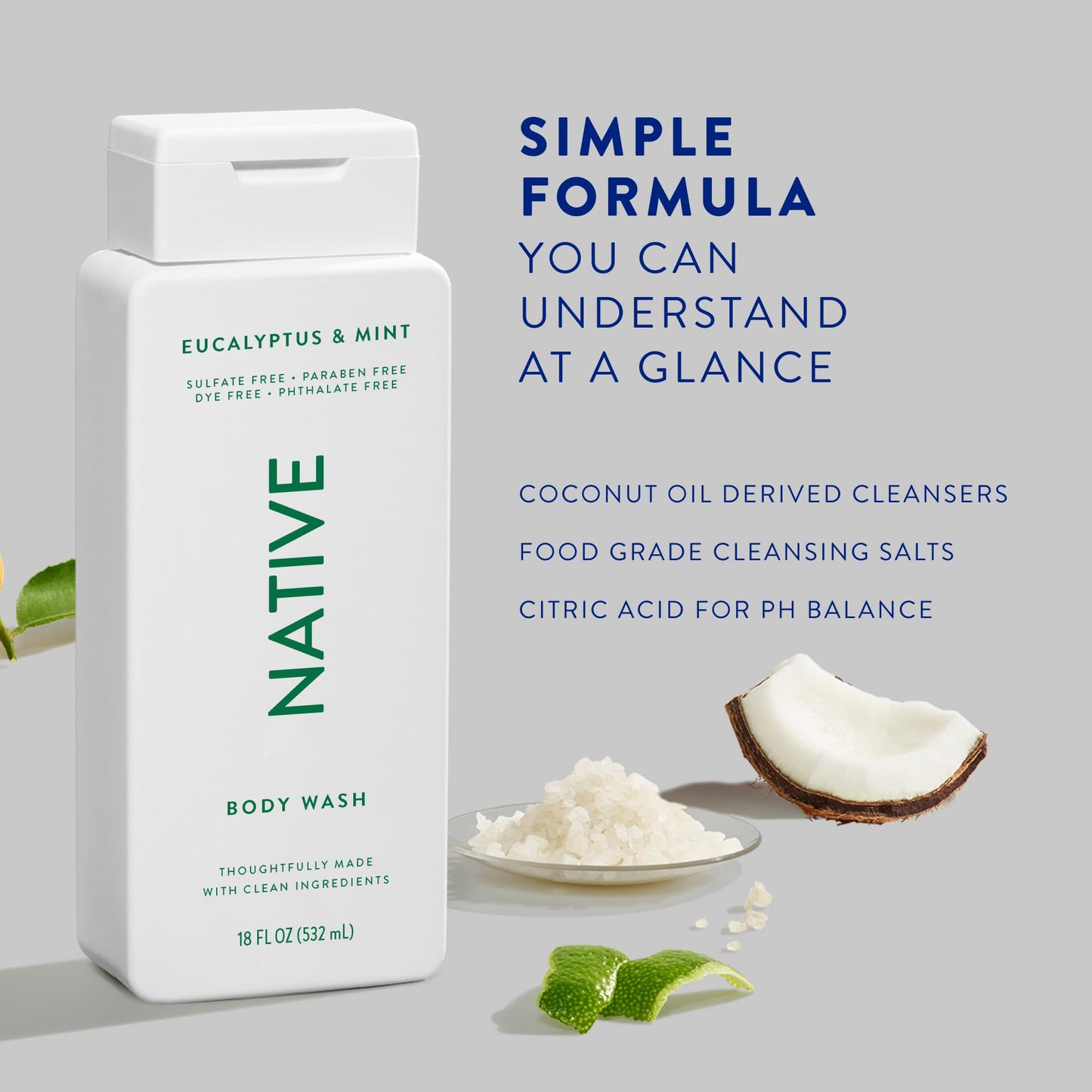 Native Body Wash Contains Naturally Derived Ingredients | For Women & Men, Sulfate, Paraben, & Dye Free Leaving Skin Soft and Hydrated | Eucalyptus & Mint 18 oz