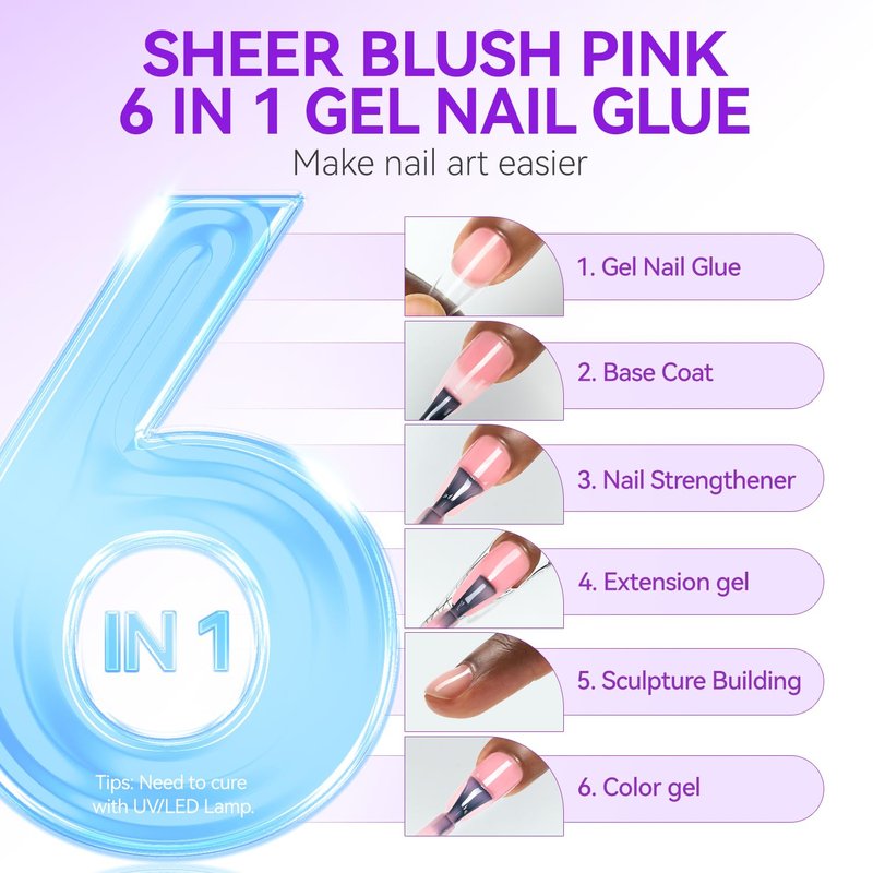 Gelike EC 6-in-1 Jelly Nail Glue Gel: Sheer Blush Pink UV Rubber Base Builder Gel for Apex Building & Short Extension – Extra Strong Adhesive for Press On & Acrylic Nail Tips for Home DIY Girls Gift