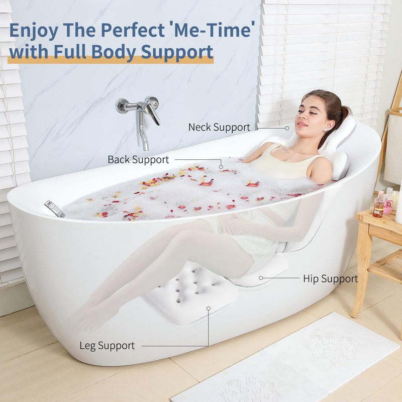 Luxury Bath Cushion, Full Body Bathtub Pillow with 160 Suction Cups, Bath Mat for Head and Neck Support, with Laundry Bag (White, 51" x 16")