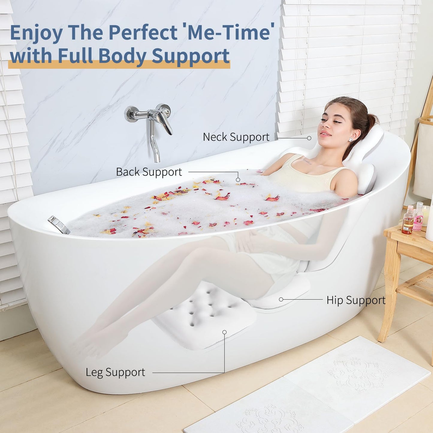 Luxury Bath Cushion, Full Body Bathtub Pillow with 160 Suction Cups, Bath Mat for Head and Neck Support, with Laundry Bag (White, 56" x 16")