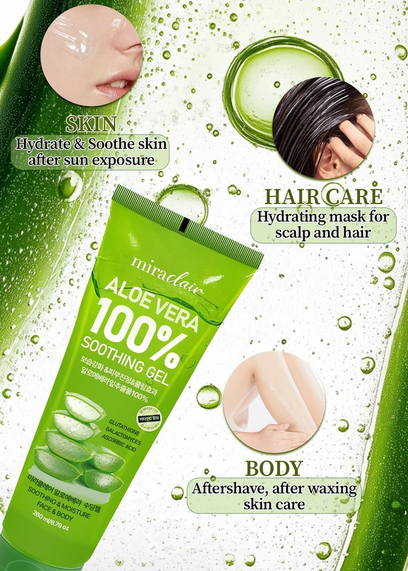 Aloe Vera Gel - 100% Pure Moisturizing Gel for Face & Body | Soothing Sunburn Relief, Travel Size 8.79 oz