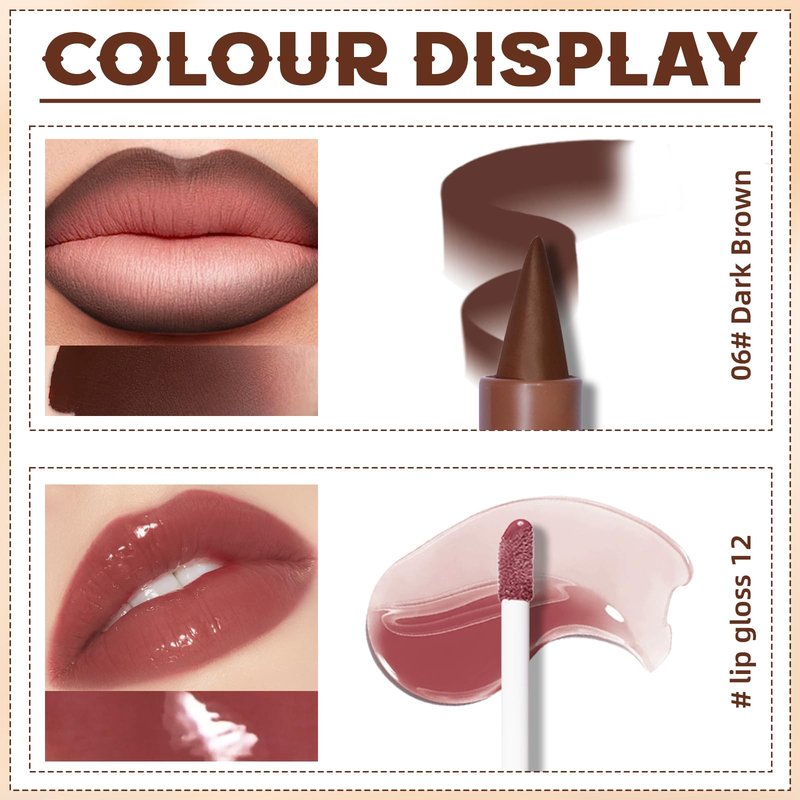 HOSAILY Lip Liner Gloss Set, Dark Brown Plumping Lip Liner Lip Pencil Moisturizing Lightweight Lip Gloss Lip Combo, High Shine Glossy Lip Tint Lip Stain Makeup Long Lasting Lip Contour for Women