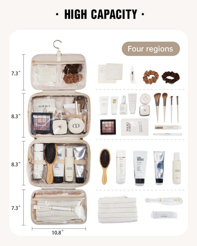EACHY Toiletry Bag - Waterproof Makeup Organizer with Hanging Hook | Full-Size PU Leather in Beige