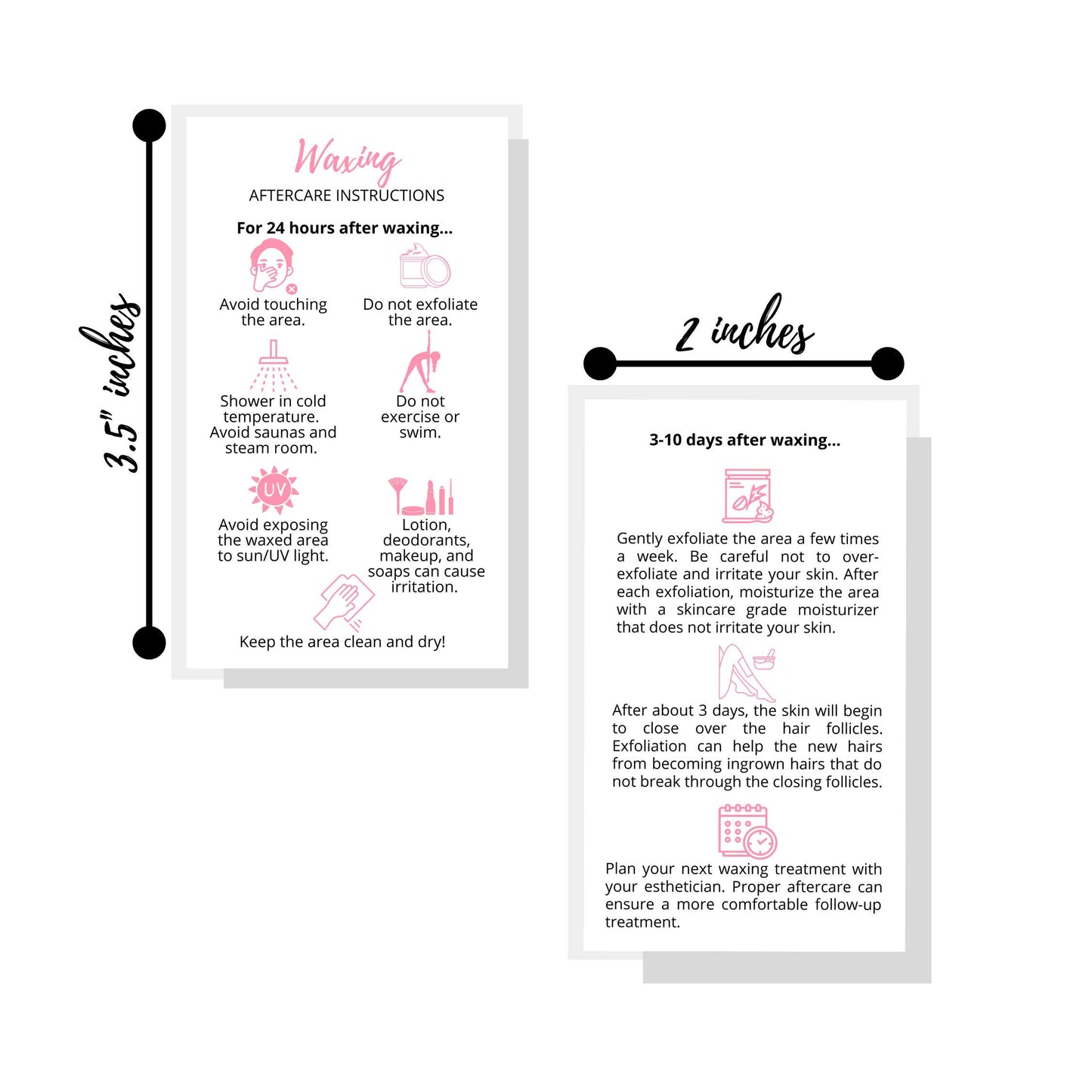 Waxing Aftercare Cards | 50 Pack | Size 2 x 3.5” inches Business Card Size | Waxing Aftercare Kit Cards PMU | Aftercare Instructions White with Pink Icons Design