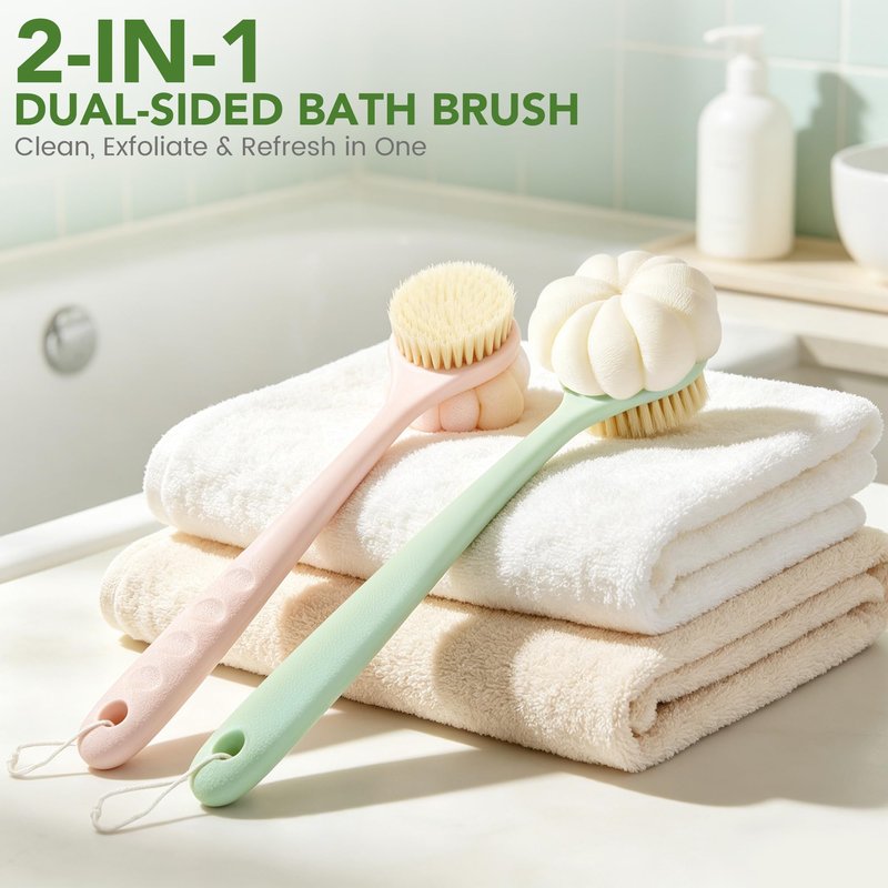 CYMPHW Back Scrubber for Shower, 15.7" Loofah with Handle, Back Shower Brush with Bristles and Loofah, Dry Brushing Body Brush for Cleanse Back and Hard to Reach Areas with Curved Long Handle