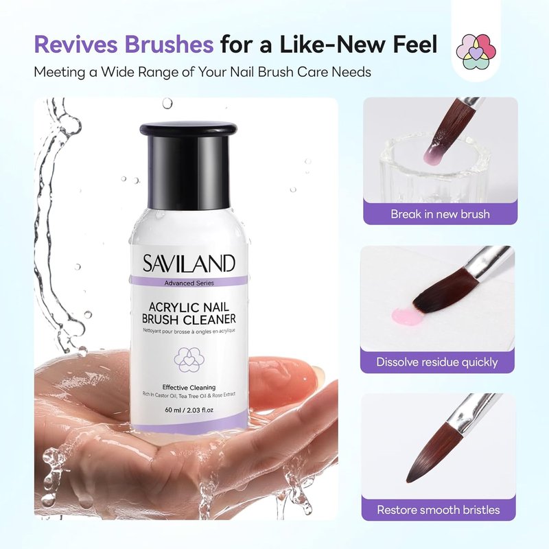 SAVILAND Acrylic Brush Cleaner: 3-Minute Deep Clean & Conditioning Liquid with Dappen Dish, Plant-Based Acrylic Nail Brush Cleaner and Preserver for Manicure Tools Home DIY & Salon Use, 60ml