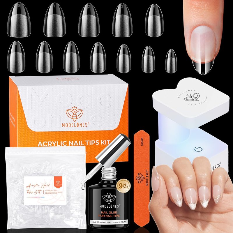 modelones X Nail Gel Kit Short Almond, 9-in-One Nail Glue with Mini UV Light 216Pcs 12Sizes Pre-Etched Press ons Fake Acrylic Extension Kit DIY Salon Gift for Women