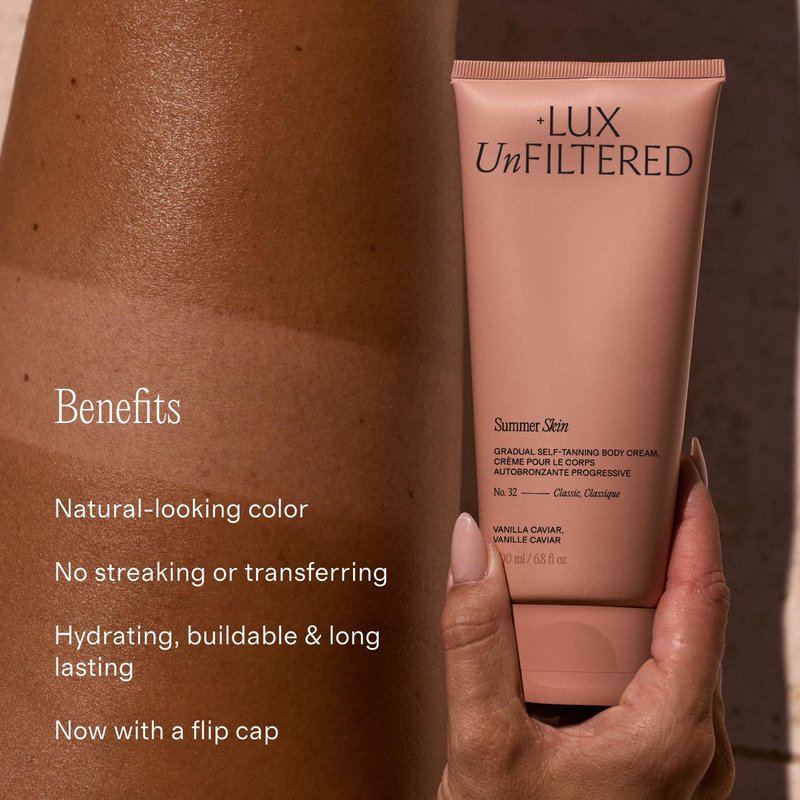 Lux Unfiltered N°32 Summer Skin Tanning Lotion - Gradual Self Tanner with Peptides & Caffeine | Firms & Tones Skin, Sandstone