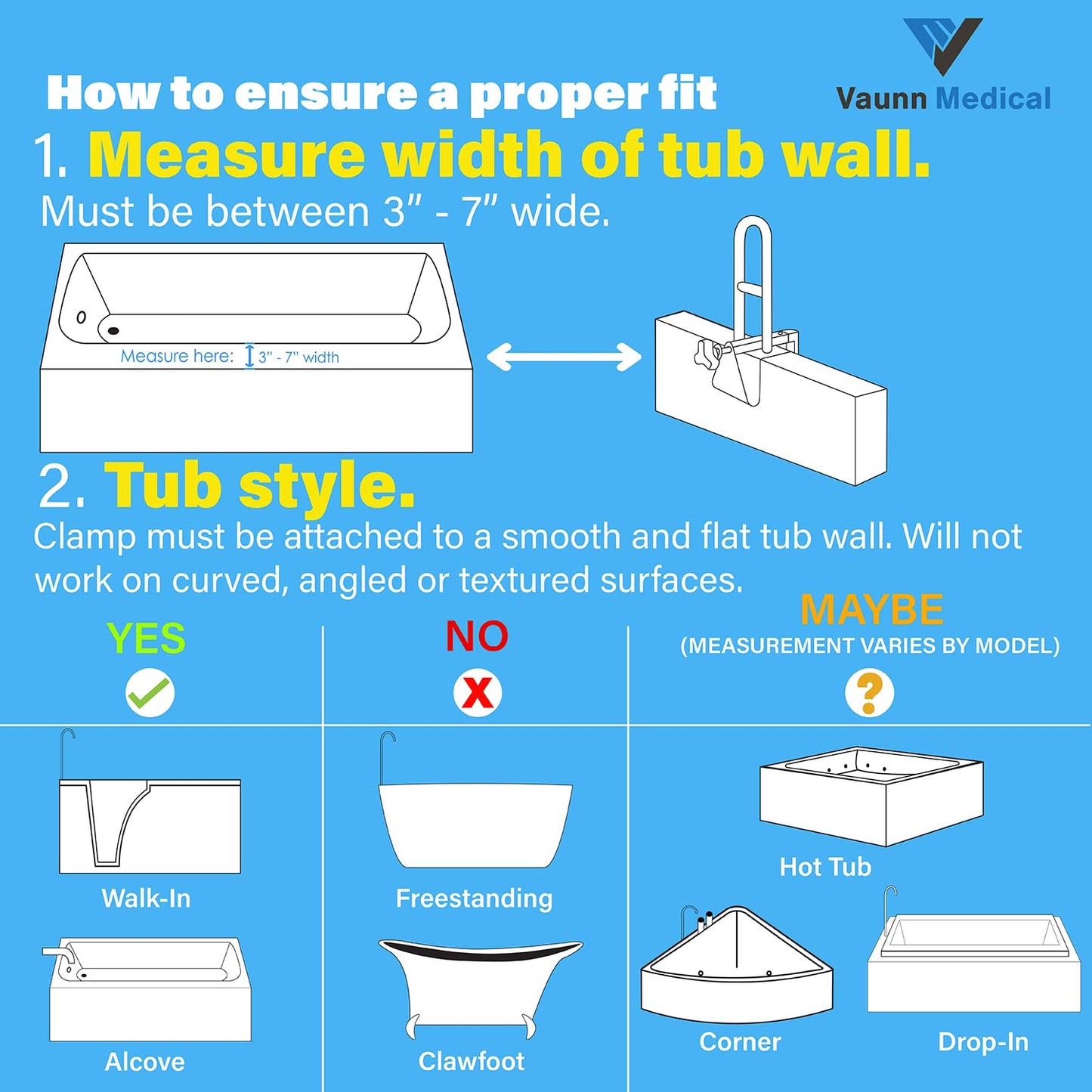 Vaunn Medical Adjustable Bathtub Safety Rail Shower Grab Bar Handle,Stainless Steel,White,(Pack of 4)