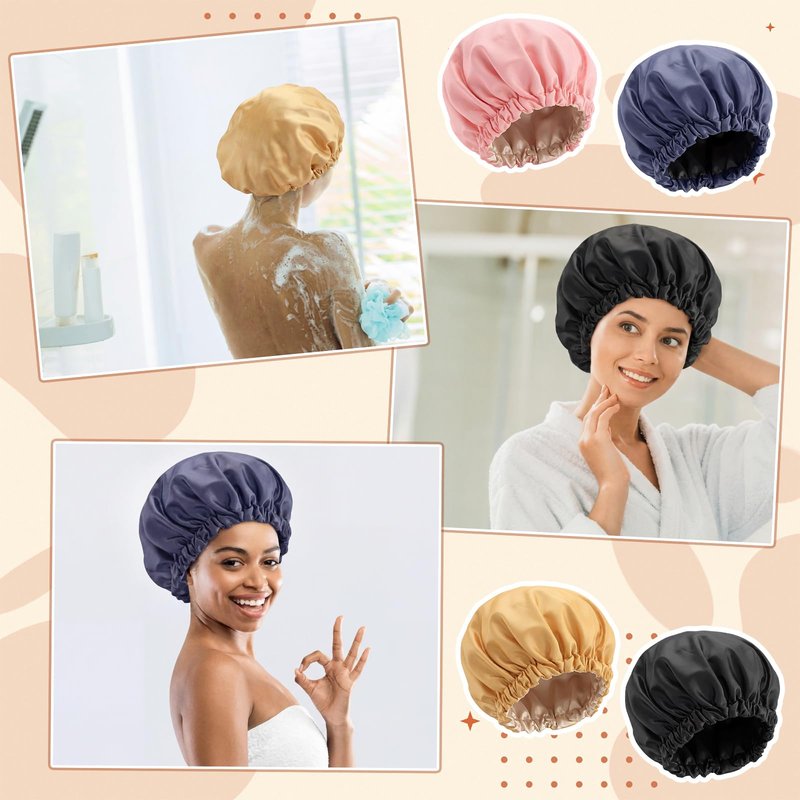 Janmercy 4 Pcs Shower Cap Satin Lined for Hair Protection Waterproof Reusable for Women Long Hair Bath Caps with Satin Interior