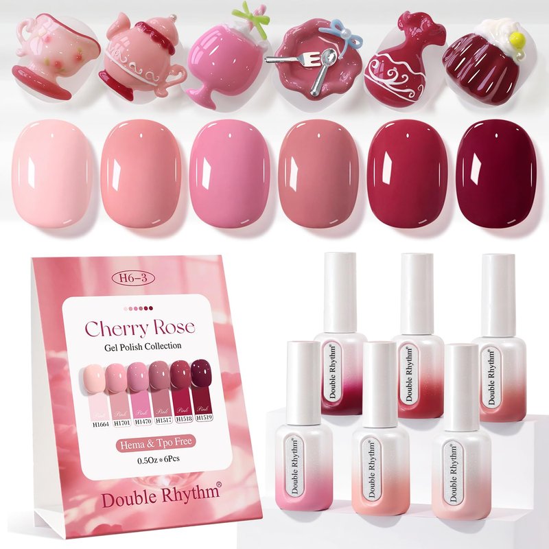 Double Rhythm Gel Polish Set - 6 Pcs Hema-Free Soak Off Nail Art Kit | Neutral Milky Colors (Nude Pink, Rose, Burgundy) 0.50 OZ