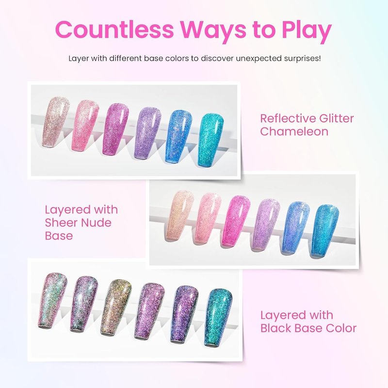 Beetles Chameleon Gel Nail Polish Set | 6 Sparkling Colors - Pink, Purple, Blue Glitter for DIY Manicure