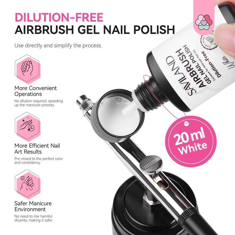 SAVILAND Airbrush Gel Nail Polish, 20ml: HEMA-Free & Dilution-Free Formula, No-Clogging & High Pigment for Ombre & French Nail Art, Non-Acetone (White)