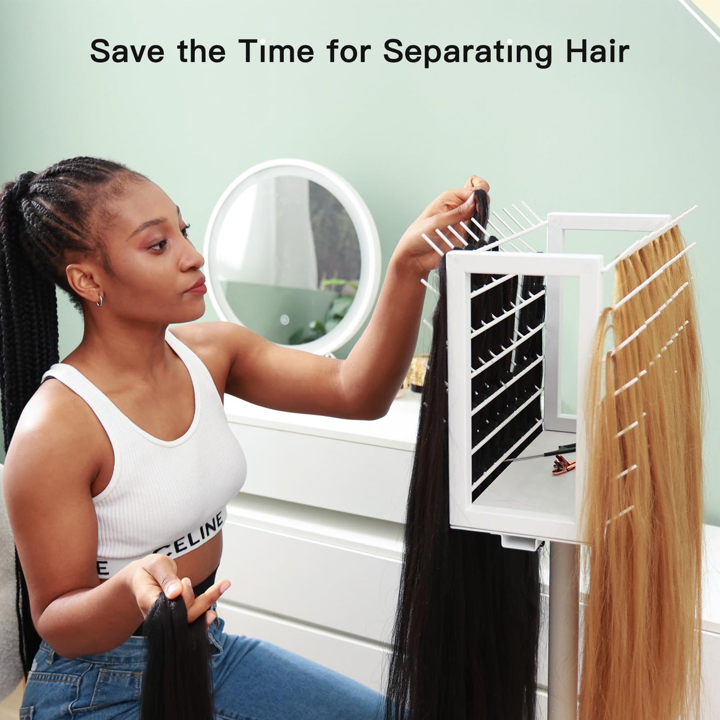Yumkfoi Steel Braiding Hair Rack, Liftable and Rotating, Double Sided Braid Rack with Wheels and Storage Shelf, White Hair Separator Stand Hair Racks for Braiders Standing, Hairstylists (140 Pegs)