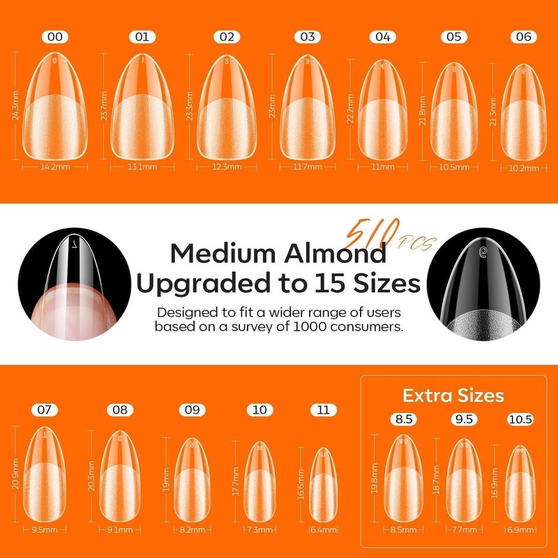 Modelones X Nail Gel Kit - 15 Sizes Almond Fake Nails with 9-in-One Glue & Mini UV Light | 510 Pcs Medium Almond Tips for DIY Salon Use