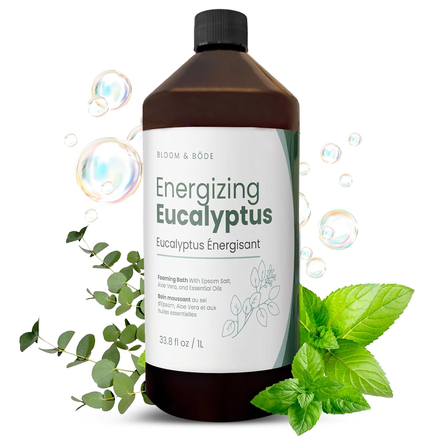 Luxury Foaming Bath - Natural Scented Bubble Bath with Essential Oils and Epsom Salt - Energizing Eucalyptus Scent, 33.8 fl oz / 1L