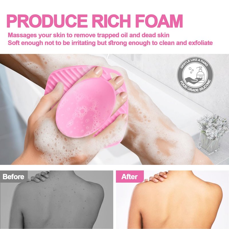 ARIOSOX Silicone Body Scrubber, Bath Brush,Gentle Texture Exfoliating Body Scrubber for Men and Women On Sensitive Skin, Soft Scrubber Builds Up Lather, Getting a Deep Skin Clean (Pink)