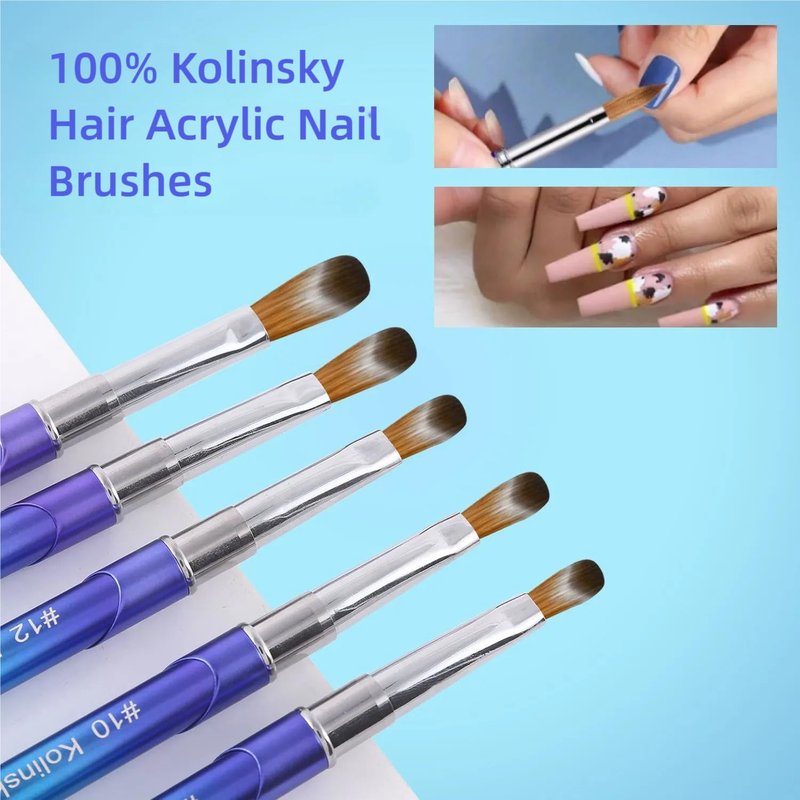 Kolinsky Hair Acrylic Nail Art Brush - Oval Crimped Tip for Precision, Gradient Blue Metal Handle | Size #8
