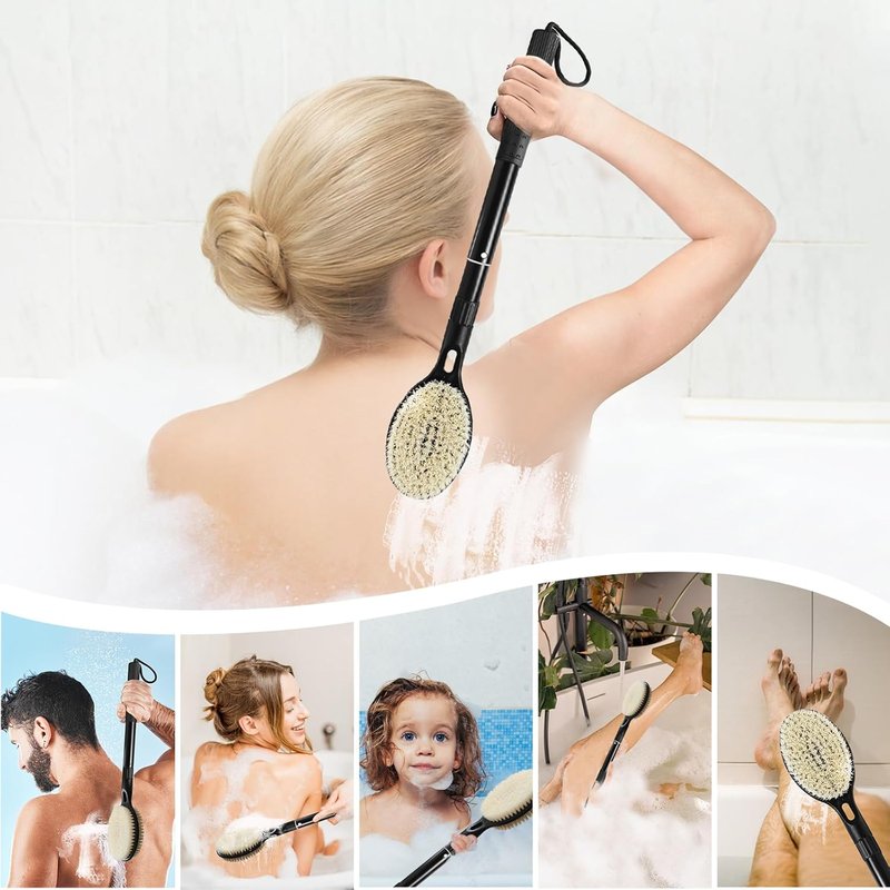Back Scrubber - Dual-Sided Bath Brush with Long Handle | Soft & Stiff Bristles for Body Exfoliation