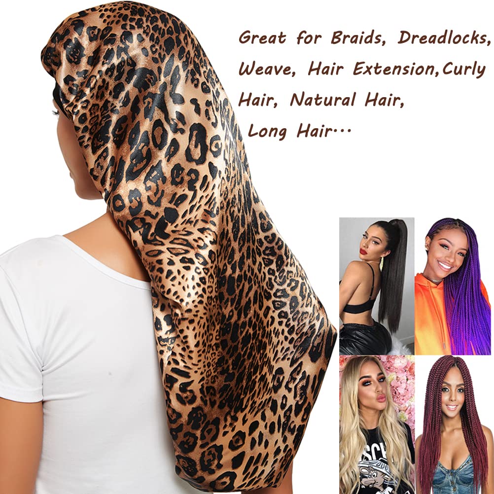 2 Pcs Hair Bonnets for Women Satin, Black Leopard Soft Elastic Band Silky Sleeping Cap Big Bonnets for Women Bonnet for Braids