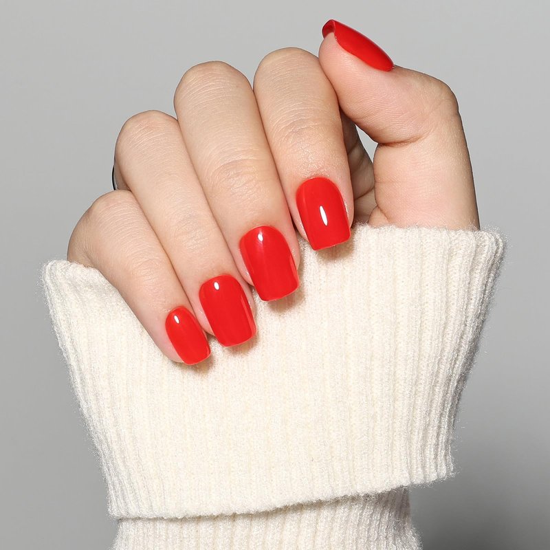 Red Press On Nails Short Square, Bright Red Glossy Fake Nails with Nail Glue for Women, Reusable Glue On Nails Kit, 30 PCS in 15 Sizes