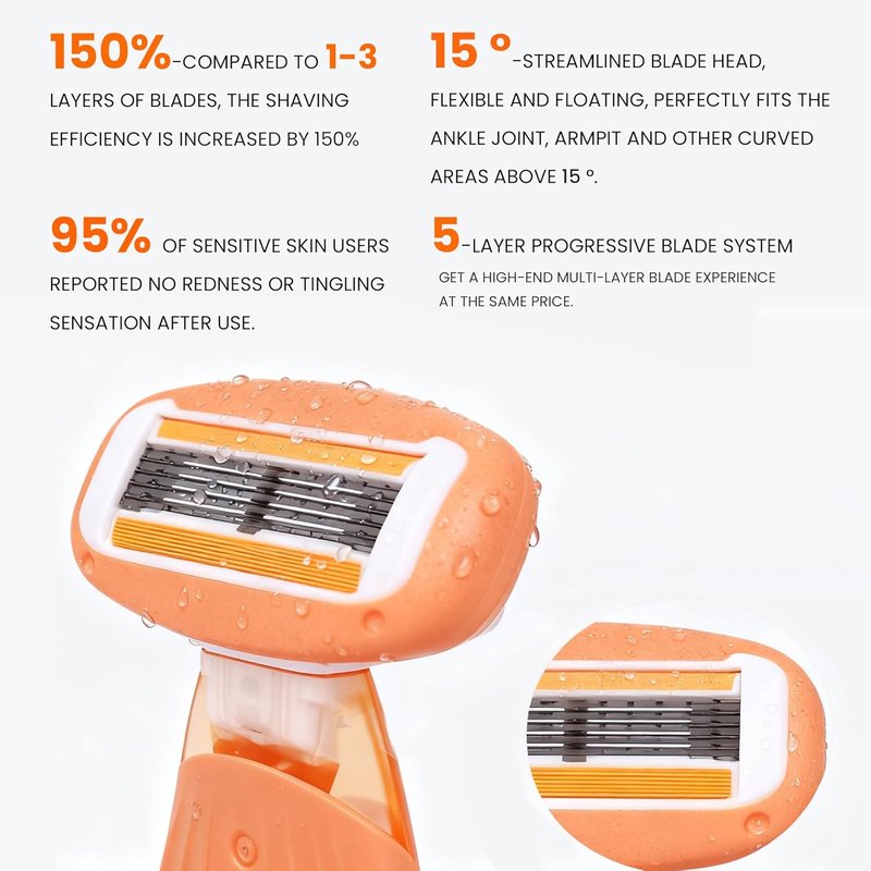 Keropy Women's Travel Razor with Lubricating Strip – 5-Blade Compact Shaver for Sensitive Skin, Includes 1 Handle + 2 Cartridges & Protective Case, Orange