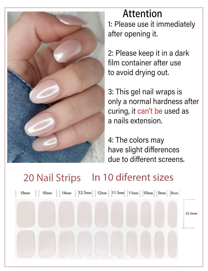 Semi Cured Gel Nail Strips, 20pcs Glazed Donut Milky, Pearl White Gel Nail Stickers for Home Nails DIY