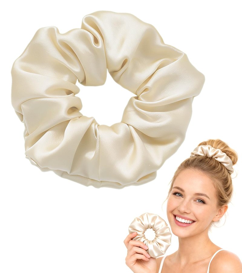 LUCKYOPERA 30 Momme 100% Mulberry Silk Scrunchies for Women and Girls, Oversized XL Hair Tie for Sleeping, Soft Smooth for No Damage Hair Care Sleeping (Beige)
